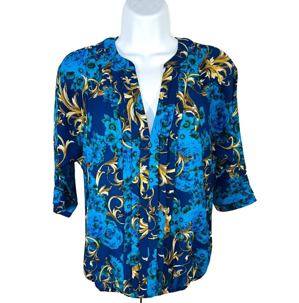 7th Avenue New York & Company Blouse Women's XS Blue Gold Floral Rococo V-Neck
